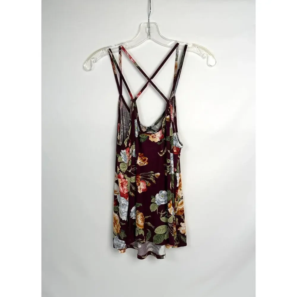 Papermoon Floral Criss Cross Tank Top XL Burgundy Sleeveless Cami NWT Boho